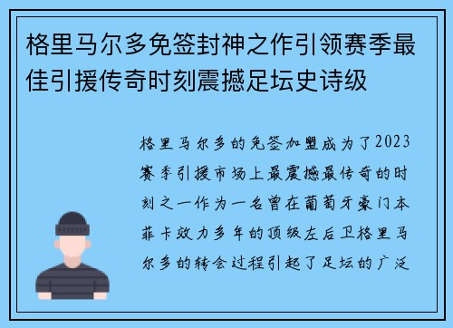 格里马尔多免签封神之作引领赛季最佳引援传奇时刻震撼足坛史诗级